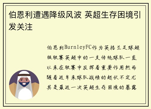 伯恩利遭遇降级风波 英超生存困境引发关注 伯恩利遭遇降级风波 英超生存困境引发关注