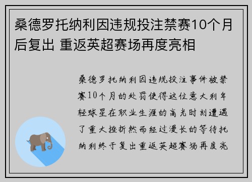 桑德罗托纳利因违规投注禁赛10个月后复出 重返英超赛场再度亮相 桑德罗托纳利因违规投注禁赛10个月后复出 重返英超赛场再度亮相